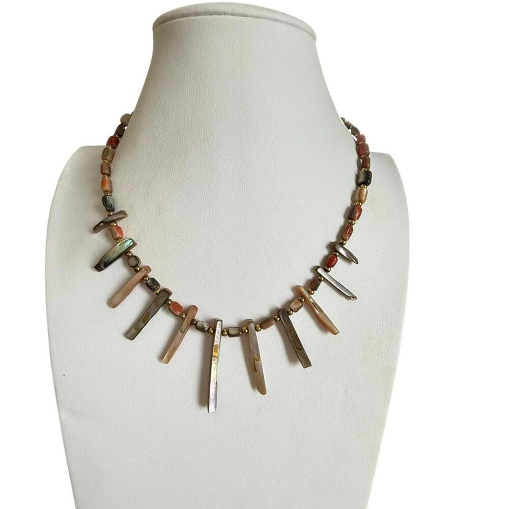 Shell Necklace Fall Shades Abalone Bohemian Spike Handmade bib Necklace - Picture 3 of 7